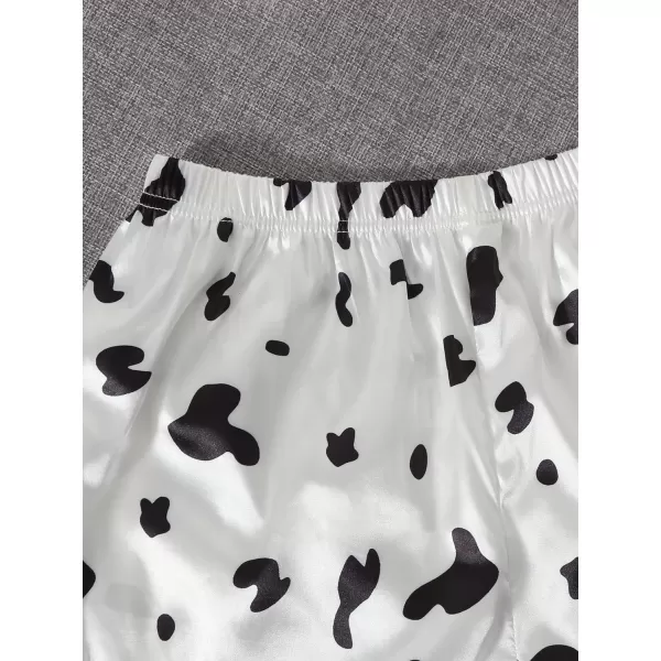 WDIRARA Women's Sleepwear Cow Print Satin Short Sleeve Shirt and Shorts Pajama Set
