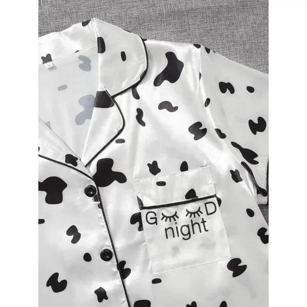 WDIRARA Women's Sleepwear Cow Print Satin Short Sleeve Shirt and Shorts Pajama Set