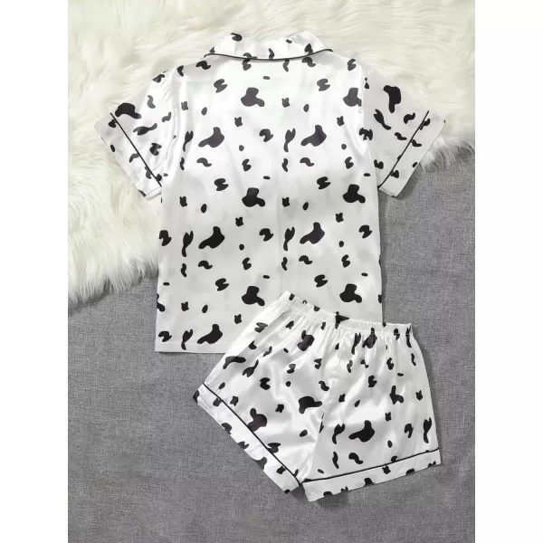 WDIRARA Women's Sleepwear Cow Print Satin Short Sleeve Shirt and Shorts Pajama Set