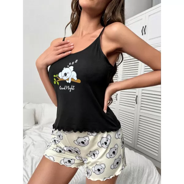 WDIRARA Women's Sleepwear Cute Print Lettuce Trim Cami and Shorts Pajama Set