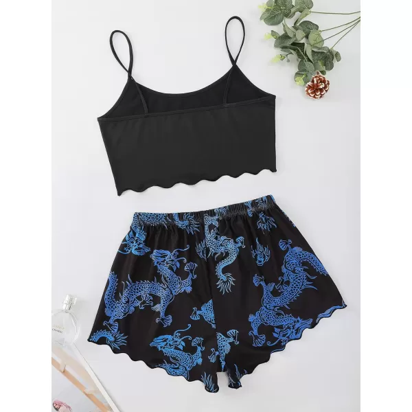 WDIRARA Women's Sleepwear Cute Print Lettuce Trim Cami and Shorts Pajama Set
