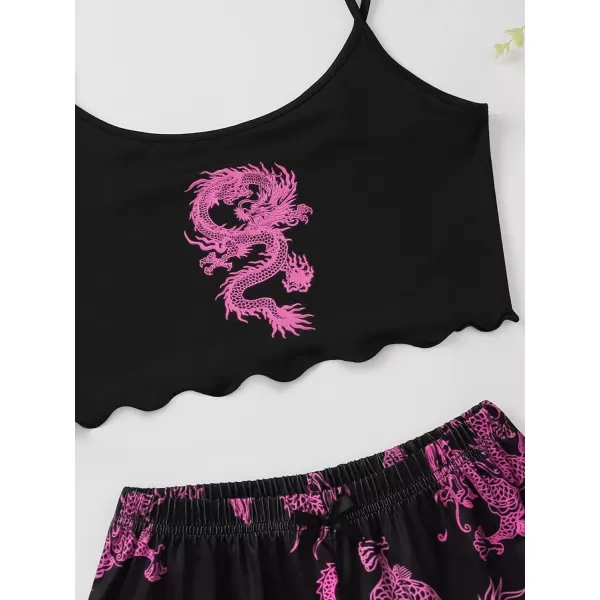 WDIRARA Women's Sleepwear Cute Print Lettuce Trim Cami and Shorts Pajama Set