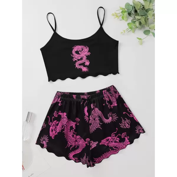 WDIRARA Women's Sleepwear Cute Print Lettuce Trim Cami and Shorts Pajama Set