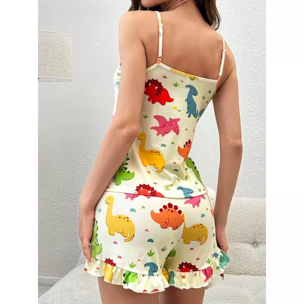 WDIRARA Women's Sleepwear Cute Print Lettuce Trim Cami and Shorts Pajama Set