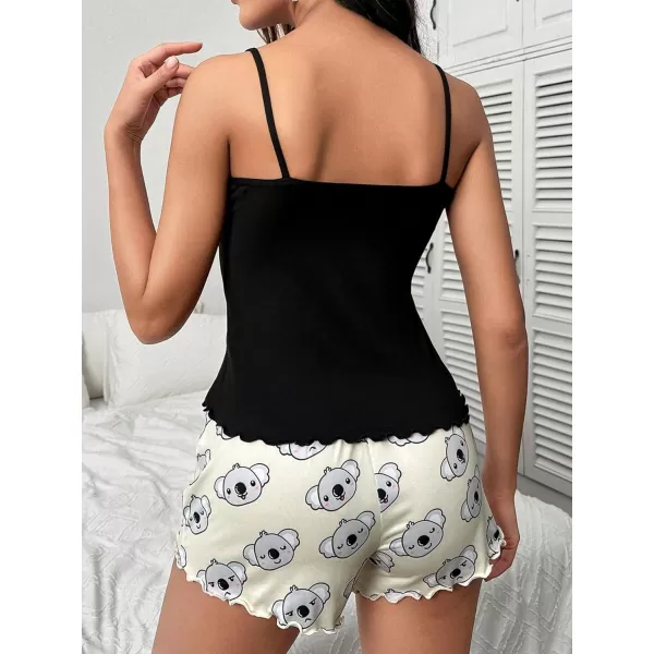 WDIRARA Women's Sleepwear Cute Print Lettuce Trim Cami and Shorts Pajama Set