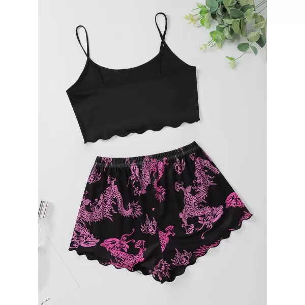 WDIRARA Women's Sleepwear Cute Print Lettuce Trim Cami and Shorts Pajama Set