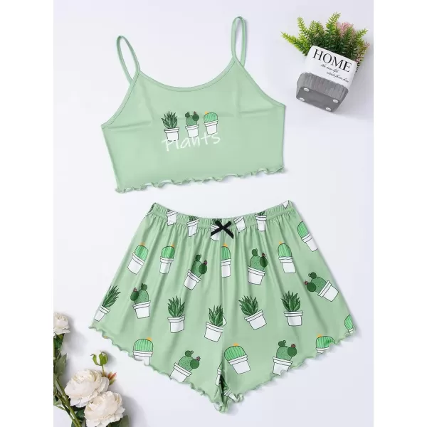 WDIRARA Women's Sleepwear Cute Print Lettuce Trim Cami and Shorts Pajama Set