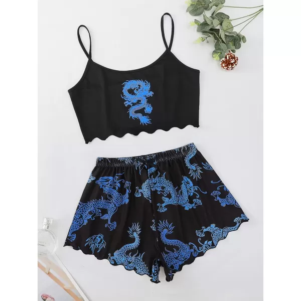 WDIRARA Women's Sleepwear Cute Print Lettuce Trim Cami and Shorts Pajama Set