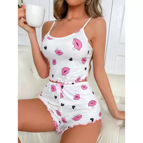 WDIRARA Women's Sleepwear Cute Print Lettuce Trim Cami and Shorts Pajama Set