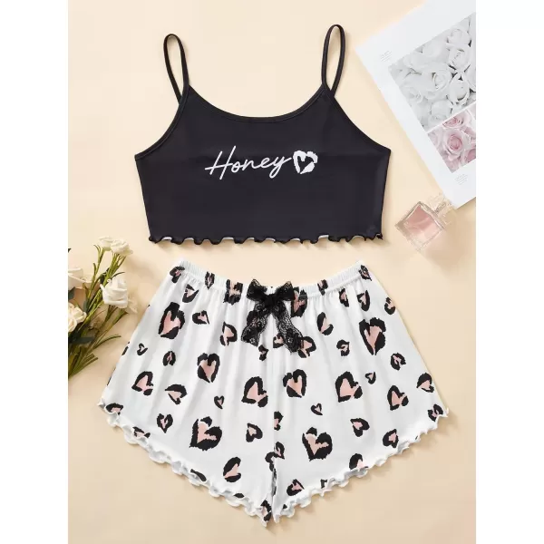 WDIRARA Women's Sleepwear Cute Print Lettuce Trim Cami and Shorts Pajama Set