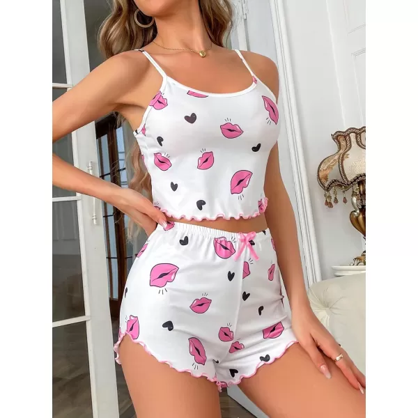 WDIRARA Women's Sleepwear Cute Print Lettuce Trim Cami and Shorts Pajama Set