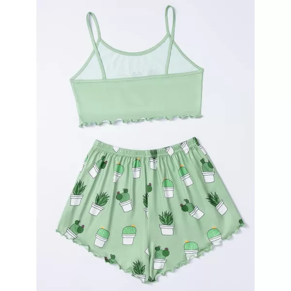WDIRARA Women's Sleepwear Cute Print Lettuce Trim Cami and Shorts Pajama Set