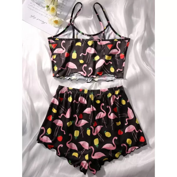 WDIRARA Women's Sleepwear Cute Print Lettuce Trim Cami and Shorts Pajama Set
