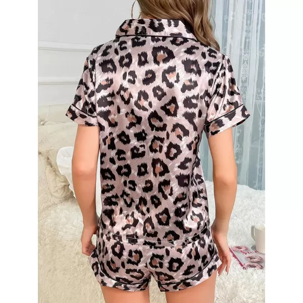 WDIRARA Women's Sleepwear Leopard Print Satin Shirt and Shorts Pajama Set