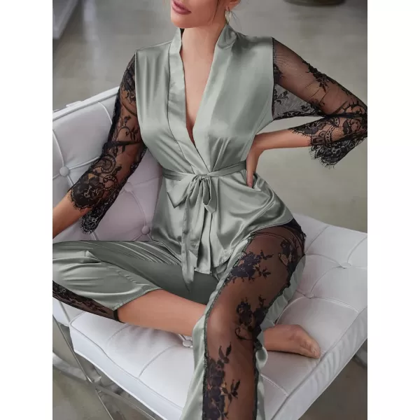 WDIRARA Women's Sleepwear Satin Lace Trim Belted Kimono Robe and Pants Pajama Set