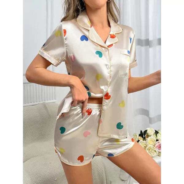WDIRARA Women's Sleepwear Satin Short Sleeve Button Shirt and Shorts Pajama Set