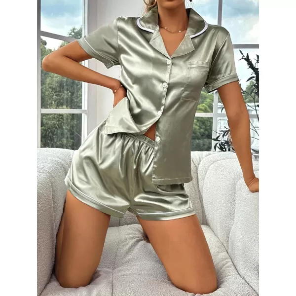 WDIRARA Women's Sleepwear Satin Short Sleeve Button Shirt and Shorts Pajama Set