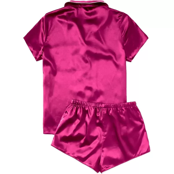 WDIRARA Women's Sleepwear Satin Short Sleeve Button Shirt and Shorts Pajama Set