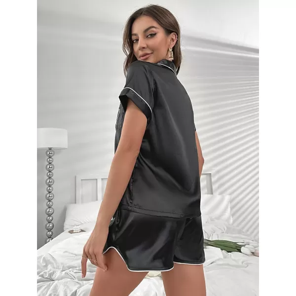 WDIRARA Women's Sleepwear Satin Short Sleeve Button Shirt and Shorts Pajama Set