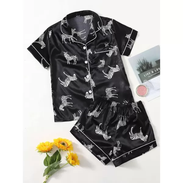 WDIRARA Women's Sleepwear Satin Short Sleeve Button Shirt and Shorts Pajama Set