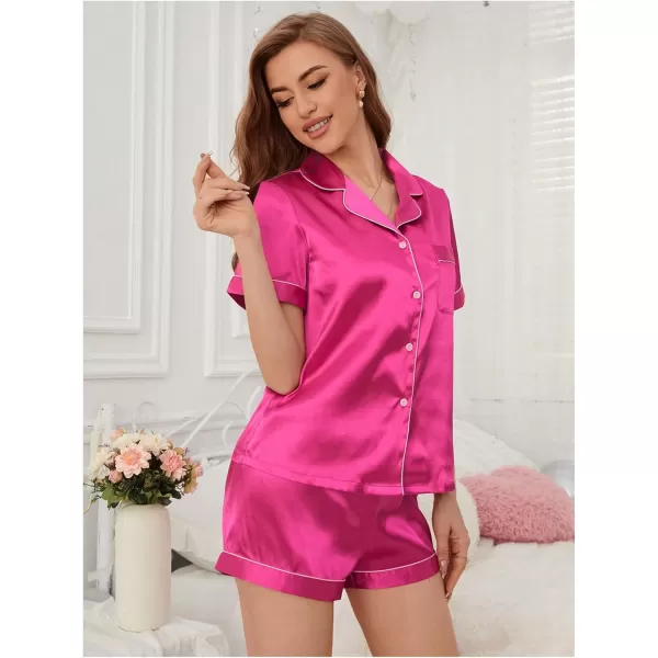 WDIRARA Women's Sleepwear Satin Short Sleeve Button Shirt and Shorts Pajama Set