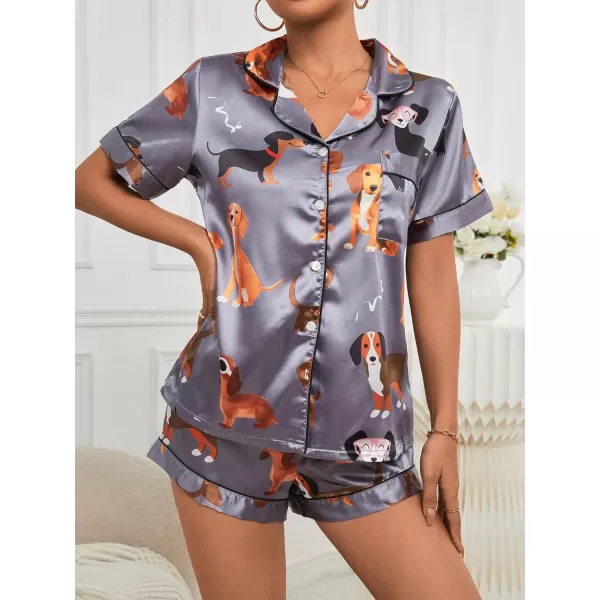 WDIRARA Women's Sleepwear Satin Short Sleeve Button Shirt and Shorts Pajama Set
