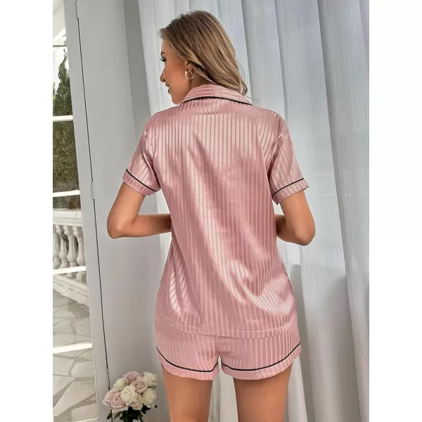 WDIRARA Women's Sleepwear Satin Short Sleeve Button Shirt and Shorts Pajama Set