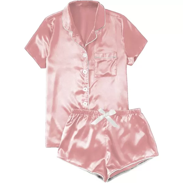WDIRARA Women's Sleepwear Satin Short Sleeve Button Shirt and Shorts Pajama Set