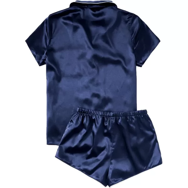 WDIRARA Women's Sleepwear Satin Short Sleeve Button Shirt and Shorts Pajama Set
