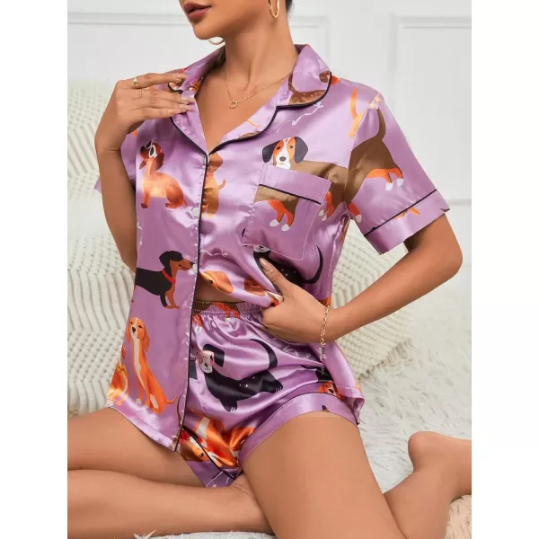 WDIRARA Women's Sleepwear Satin Short Sleeve Button Shirt and Shorts Pajama Set