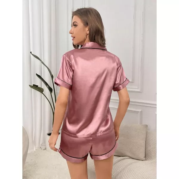 WDIRARA Women's Sleepwear Satin Short Sleeve Button Shirt and Shorts Pajama Set