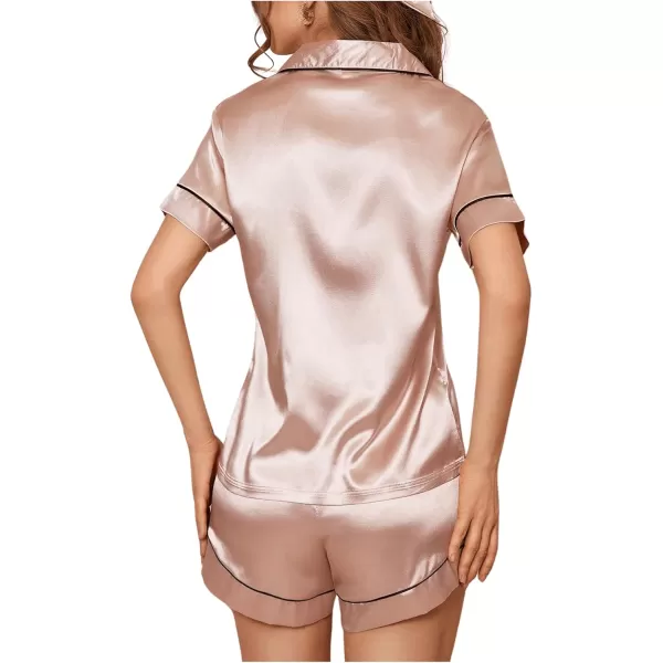 WDIRARA Women's Sleepwear Satin Short Sleeve Button Shirt and Shorts Pajama Set
