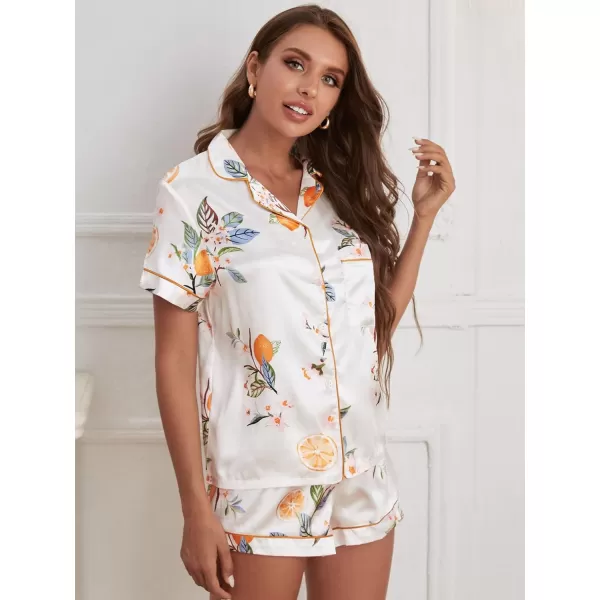WDIRARA Women's Sleepwear Satin Short Sleeve Button Shirt and Shorts Pajama Set