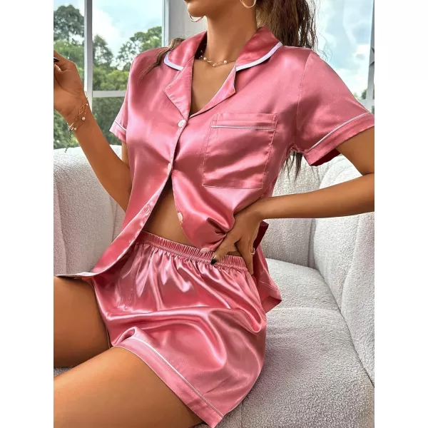WDIRARA Women's Sleepwear Satin Short Sleeve Button Shirt and Shorts Pajama Set