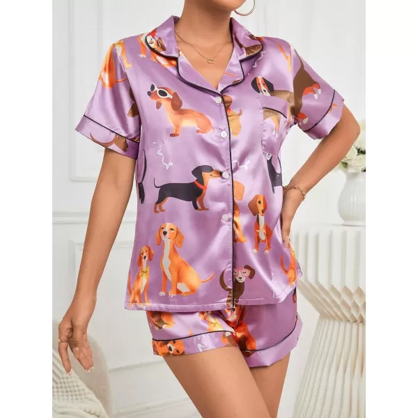 WDIRARA Women's Sleepwear Satin Short Sleeve Button Shirt and Shorts Pajama Set