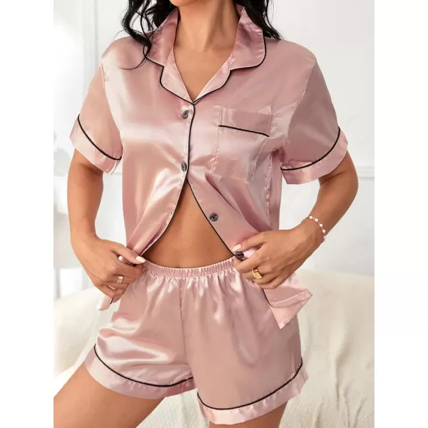 WDIRARA Women's Sleepwear Satin Short Sleeve Button Shirt and Shorts Pajama Set