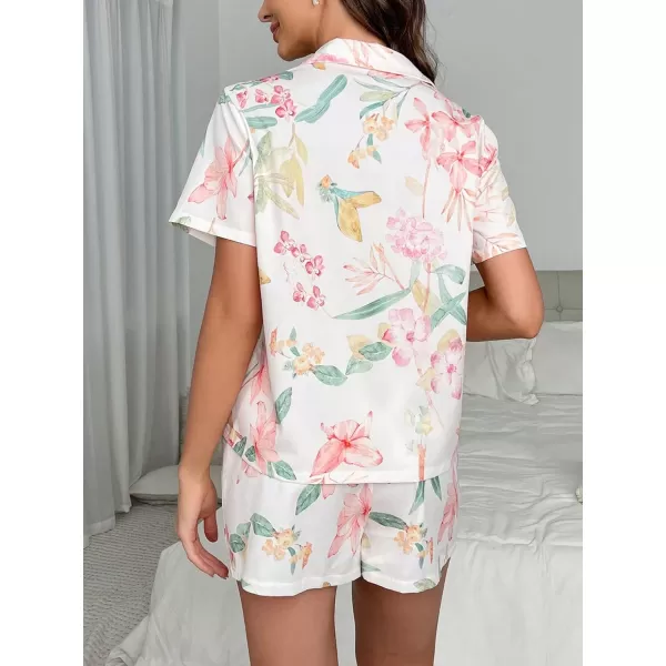 WDIRARA Women's Sleepwear Satin Short Sleeve Button Shirt and Shorts Pajama Set