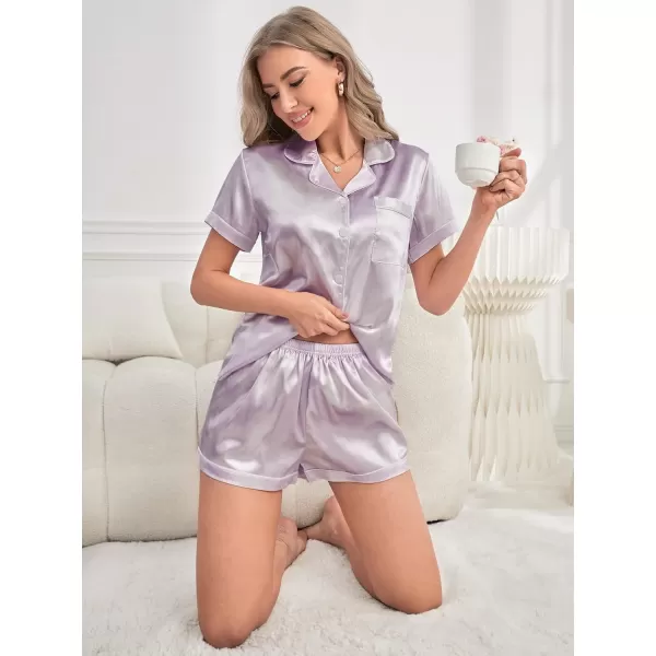 WDIRARA Women's Sleepwear Satin Short Sleeve Button Shirt and Shorts Pajama Set