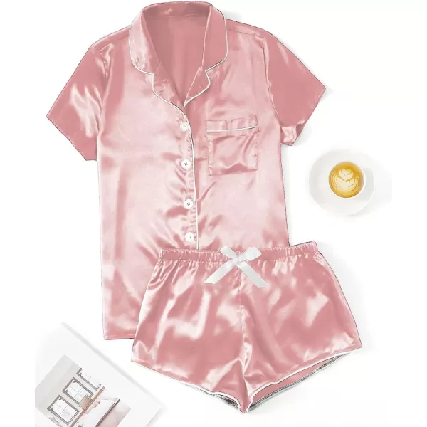 WDIRARA Women's Sleepwear Satin Short Sleeve Button Shirt and Shorts Pajama Set