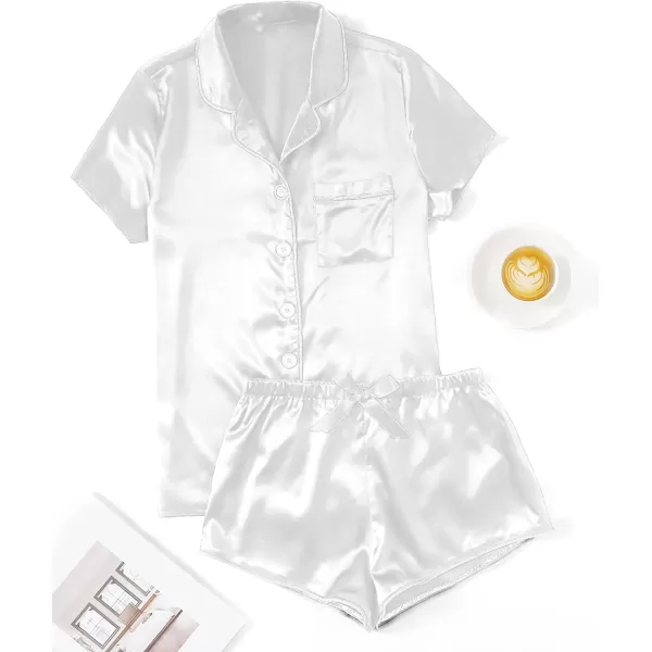 WDIRARA Women's Sleepwear Satin Short Sleeve Button Shirt and Shorts Pajama Set