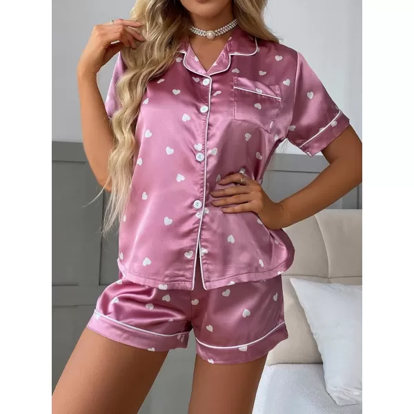 WDIRARA Women's Sleepwear Satin Short Sleeve Button Shirt and Shorts Pajama Set