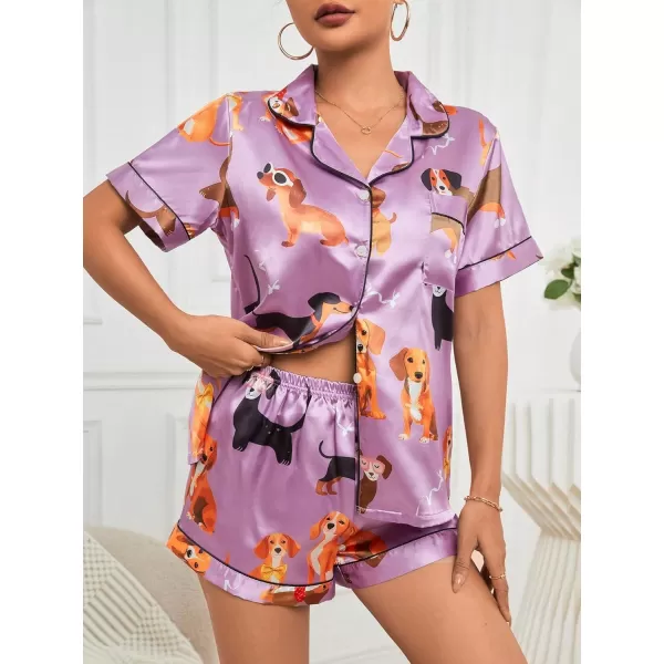 WDIRARA Women's Sleepwear Satin Short Sleeve Button Shirt and Shorts Pajama Set