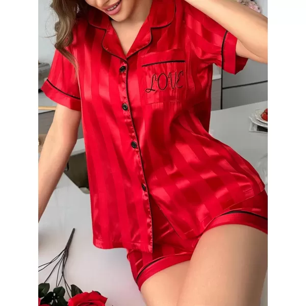 WDIRARA Women's Sleepwear Satin Short Sleeve Button Shirt and Shorts Pajama Set
