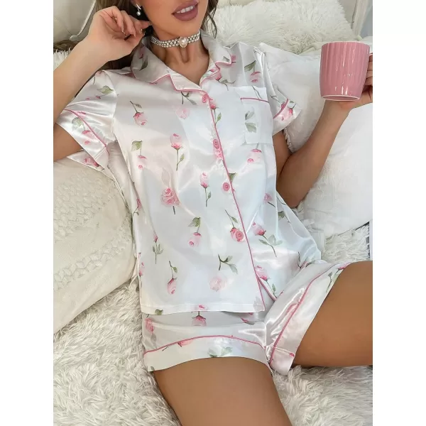 WDIRARA Women's Sleepwear Satin Short Sleeve Button Shirt and Shorts Pajama Set