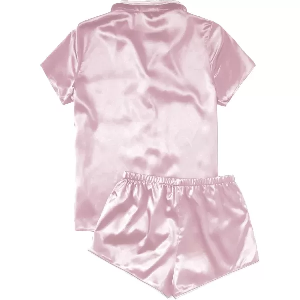 WDIRARA Women's Sleepwear Satin Short Sleeve Button Shirt and Shorts Pajama Set