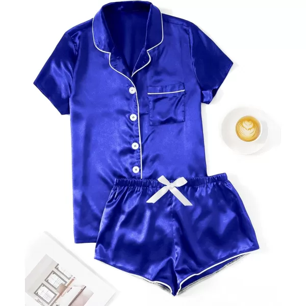 WDIRARA Women's Sleepwear Satin Short Sleeve Button Shirt and Shorts Pajama Set