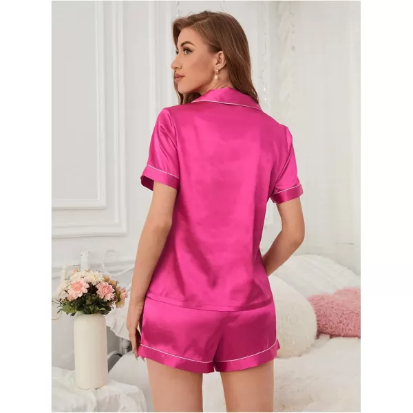 WDIRARA Women's Sleepwear Satin Short Sleeve Button Shirt and Shorts Pajama Set