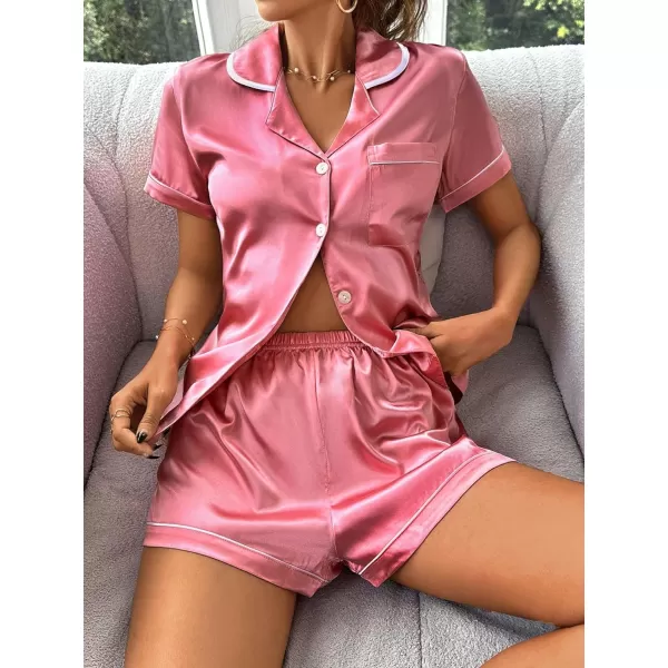 WDIRARA Women's Sleepwear Satin Short Sleeve Button Shirt and Shorts Pajama Set