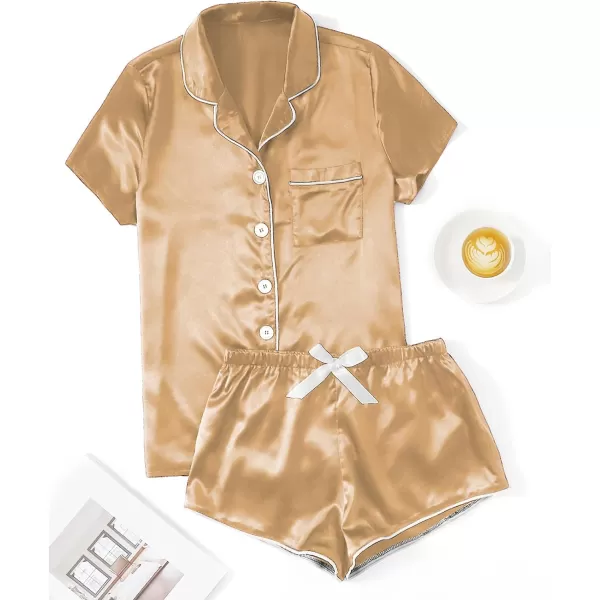 WDIRARA Women's Sleepwear Satin Short Sleeve Button Shirt and Shorts Pajama Set