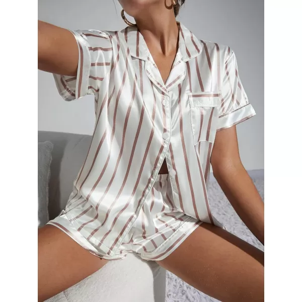 WDIRARA Women's Sleepwear Satin Short Sleeve Button Shirt and Shorts Pajama Set